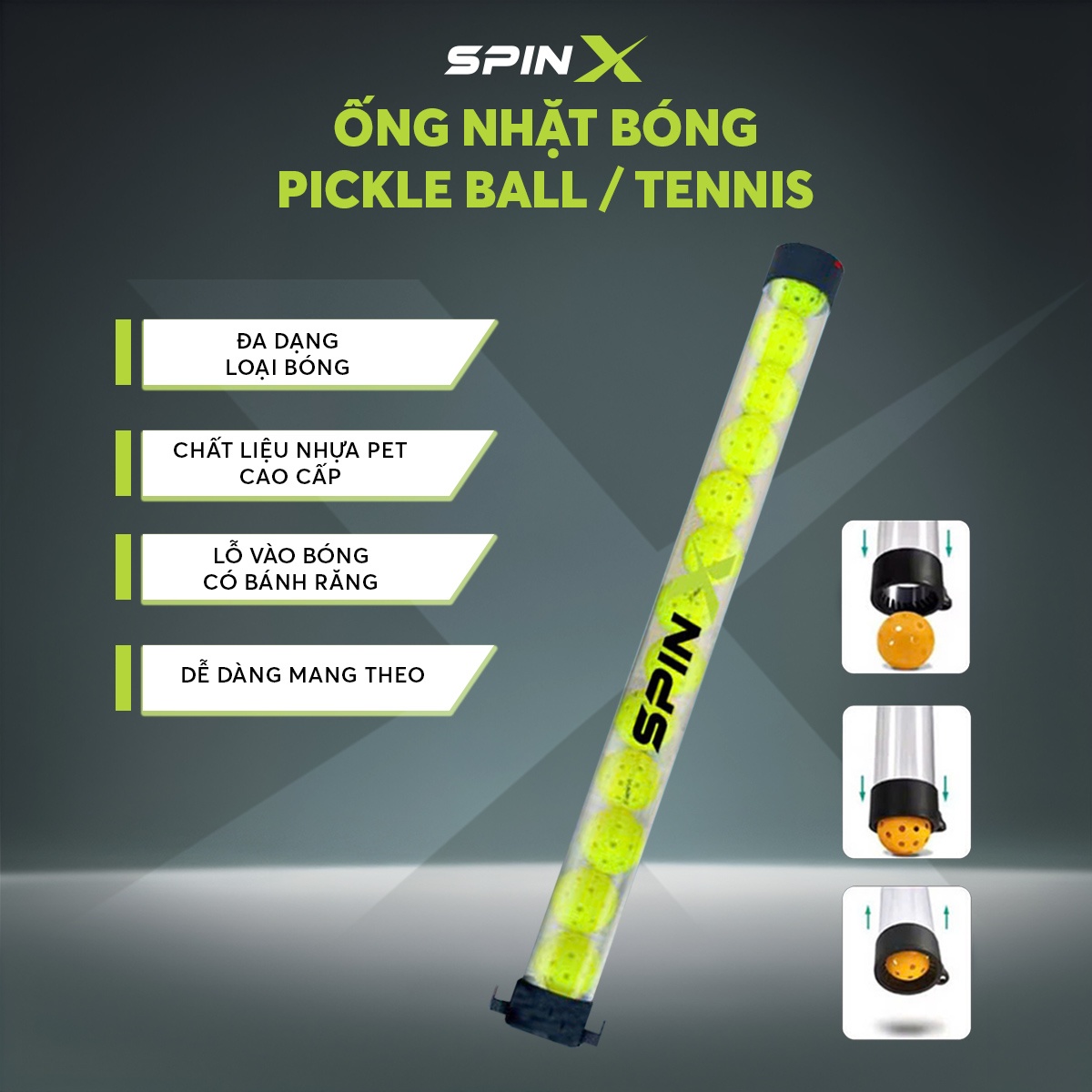 Cây Nhặt Bóng Pickleball/Tennis SpinX Chính Hãng - Có Dây Đeo - Gọn Nhẹ - Độ Bền Cao - Dễ Sử Dụng - Tiện Lợi