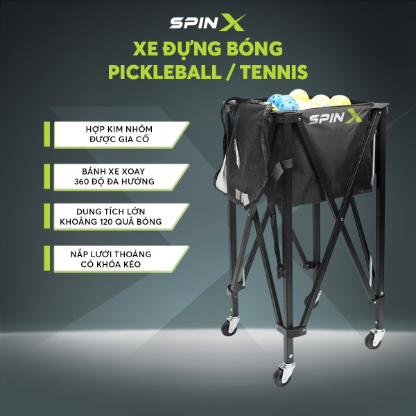 Xe Đẩy Đựng Bóng Tennis/ Pickleball SpinX Chính Hãng - Sức Chứa Siêu Lớn - Khung Chắc Chắn - Tiện Lợi Tháo Lấp Gấp Gọn - Bền Bỉ