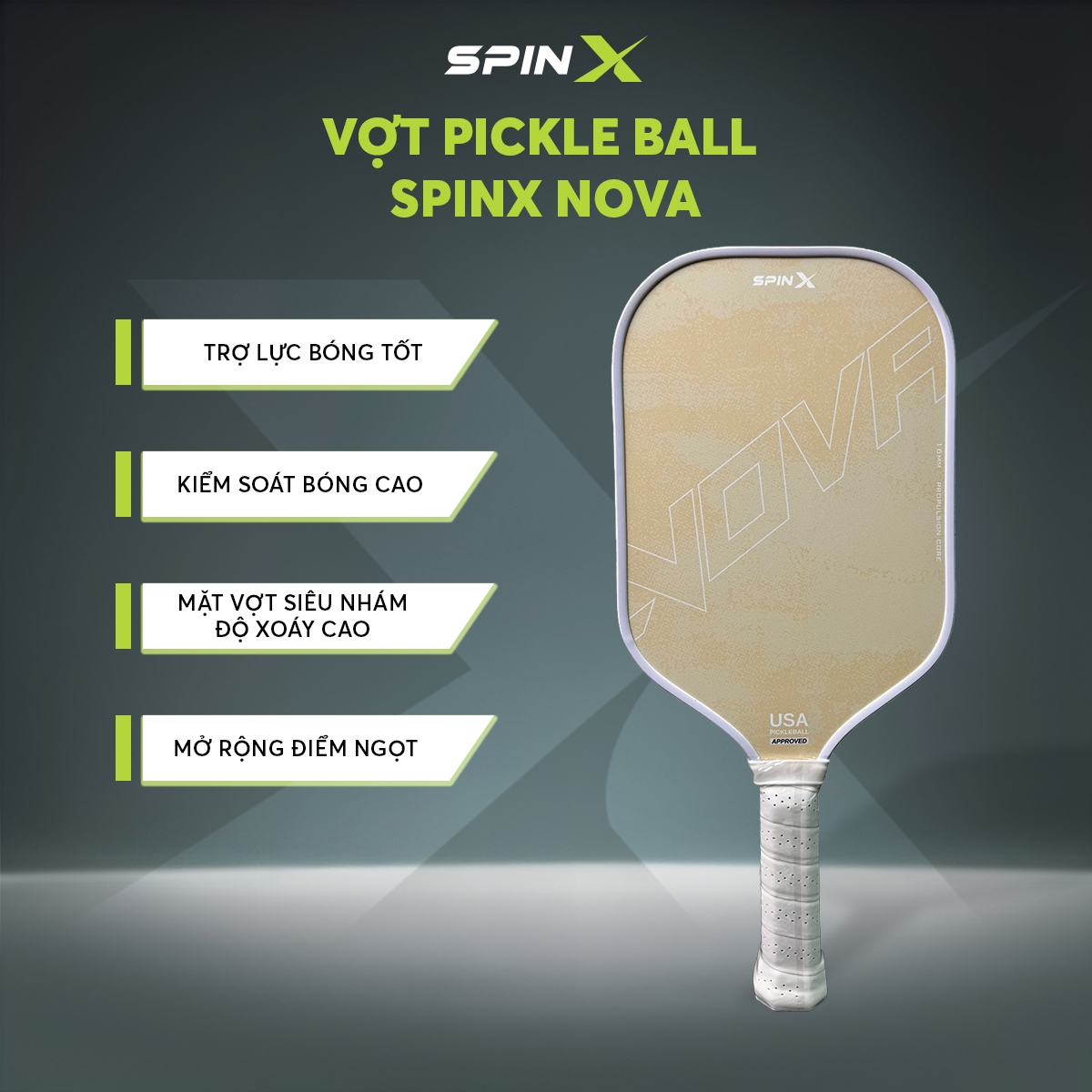 Vợt Pickleball SpinX NOVA Chính Hãng - Màu Be - 16mm - Bền Bỉ - Siêu Nhám - Chuẩn Thi Đấu USA - Toàn Diện - Tạo Xoáy Tốt