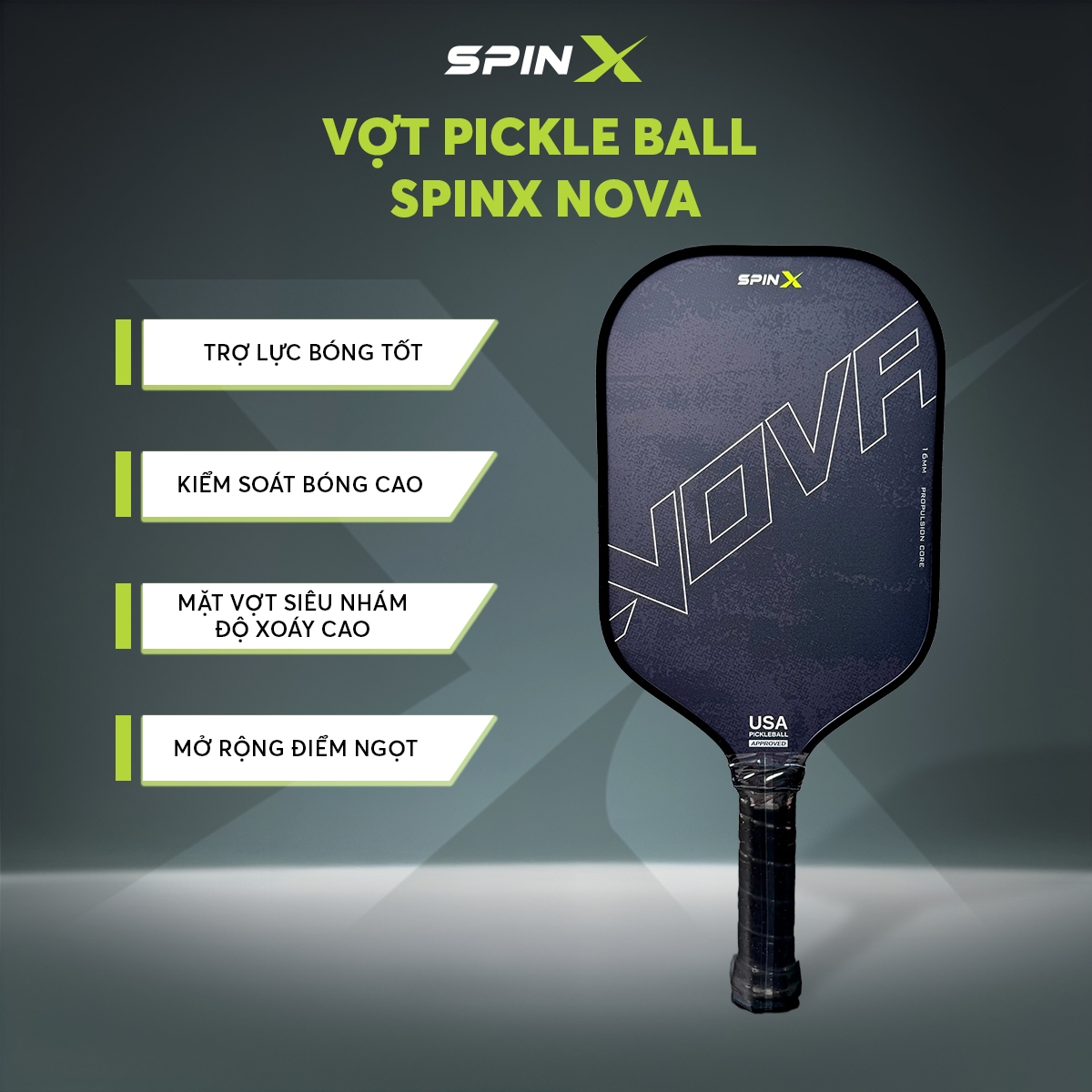 Vợt Pickleball SpinX NOVA Chính Hãng - Màu Đen - 16mm - Bền Bỉ - Siêu Nhám - Chuẩn Thi Đấu USA - Toàn Diện - Tạo Xoáy Tốt