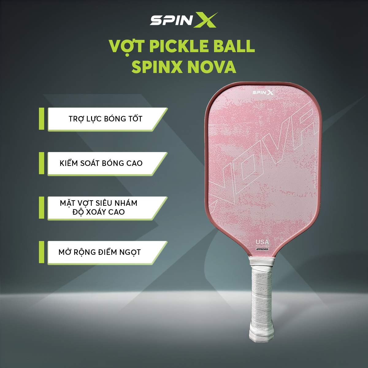 Vợt Pickleball SpinX NOVA Chính Hãng - Màu Hồng - 16mm - Bền Bỉ - Siêu Nhám - Chuẩn Thi Đấu USA - Toàn Diện - Tạo Xoáy Tốt