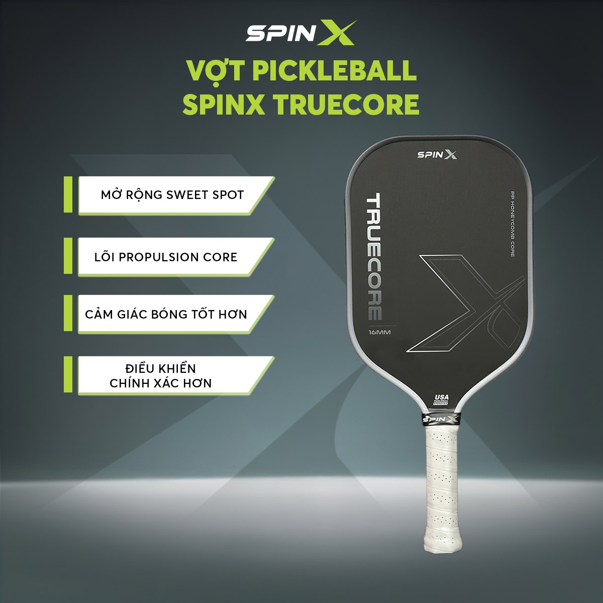 Vợt Pickleball SpinX TrueCore 16MM Chính Hãng - Trắng - Ổn Định – Cảm Giác Bóng Rõ – Kiểm Soát - Siêu Nhám