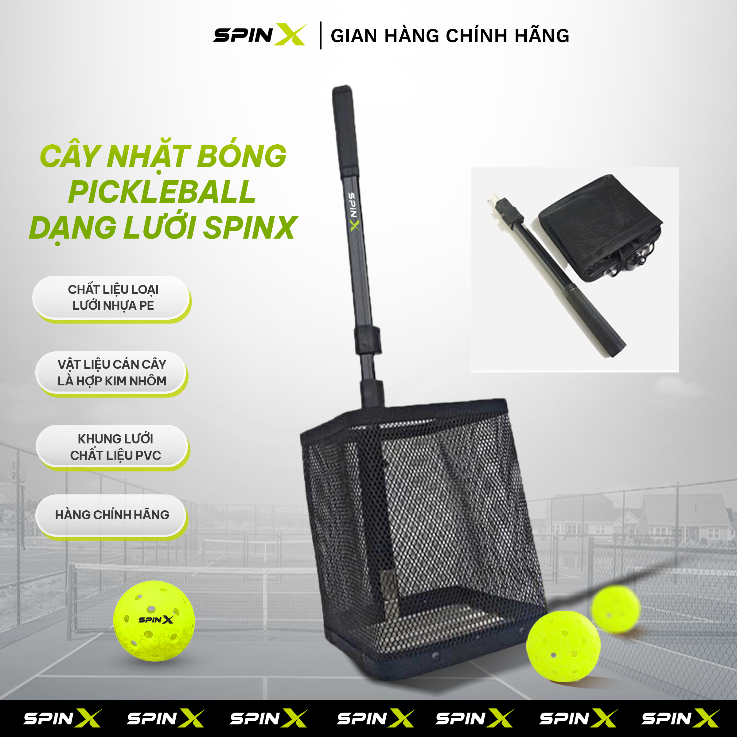 Cây Nhặt Bóng Pickleball/ Tennis Dạng Lưới SpinX Chính Hãng