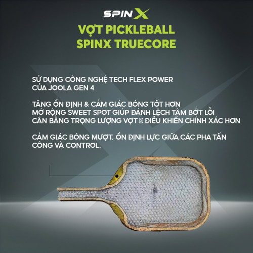 Vợt Pickleball SpinX TrueCore 16MM Chính Hãng - Hồng - Ổn Định – Cảm Giác Bóng Rõ – Kiểm Soát - Bề Mặt T700 Carbon